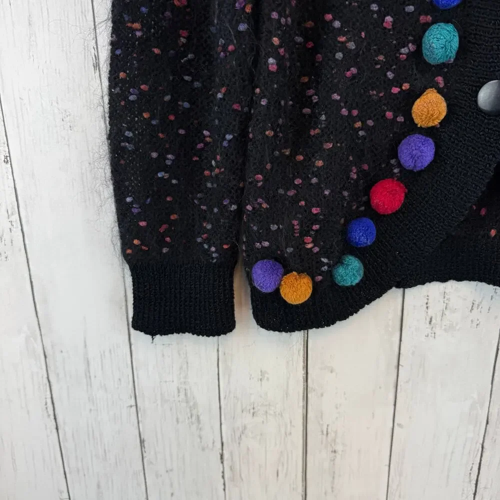 VTG Caroll Black Multi Polka Dot Pom-Poms Mohair-Acrylic Cardigan Size Large